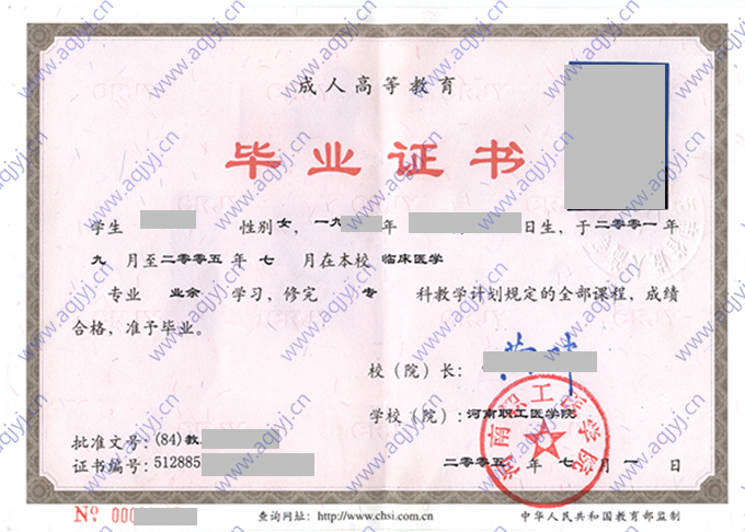 河南职工医学院2005年成人教育大专毕业证样本
