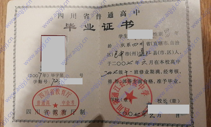 四川省通江县实验中学2007年高中毕业证